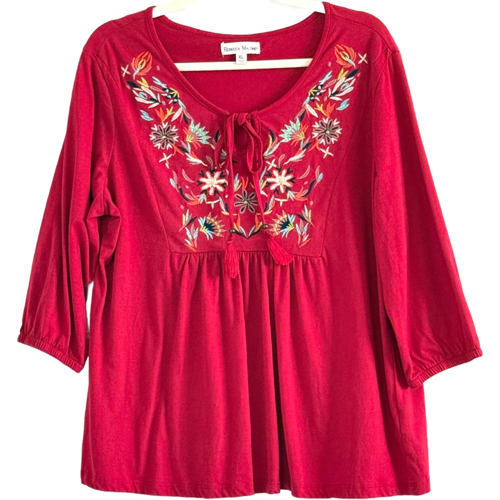 Rebecca Malone Red Embroidered Tie-Front Tunic